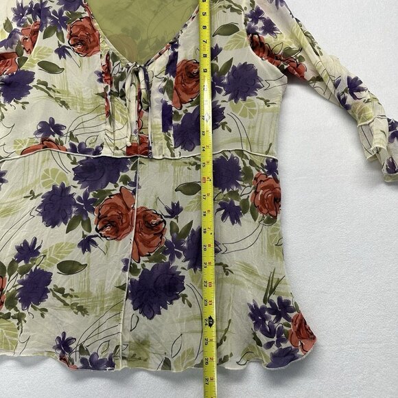 Nine West Silk Y2K Floral V-Neck Flowy Blouse Top Size 10 Green Cream Fairycore - Picture 12 of 13